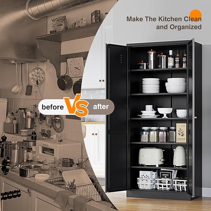 Yizosh Metal Storage Cabinet with 2 Doors and 5 Adjustable Shelves - 71" Black Kitchen Pantry Storage Cabinet, 5-Tier Tall Steel Cabinet Locker for Kitchen, Living Room, Dining Room - ModernBath