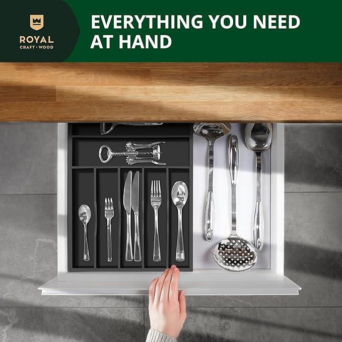 ROYAL CRAFT WOOD Luxury Bamboo Kitchen Drawer Organizer - Silverware Organizer - Utensil Holder and Cutlery Tray with Grooved Drawer Dividers for Flatware and Kitchen Utensils (7 Slot, Black) - ModernBath