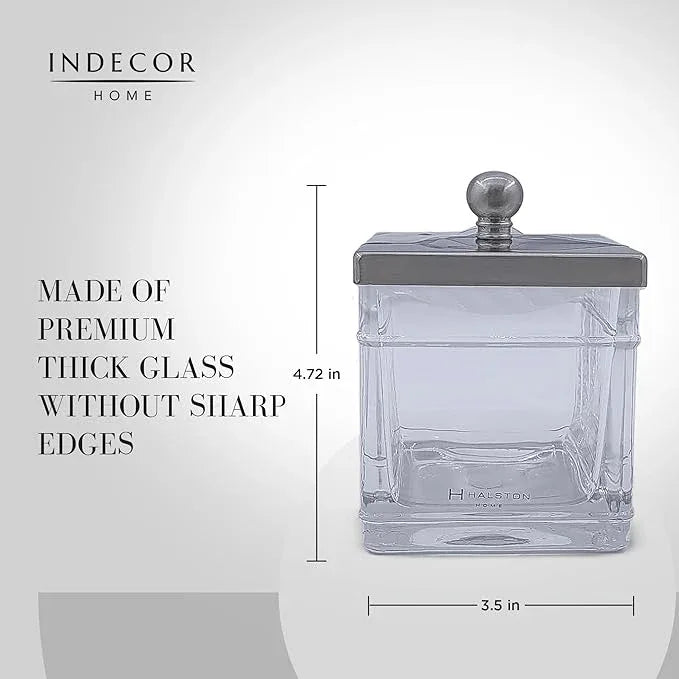 Indecor Home Apothecary Glass Cotton Jar Holder Brushed Nickel Stainless Steel Lid, Elegant Bathroom Storage Canister for Qtips, Cotton Balls, Floss, Makeup Organizer, Vanity Bathroom Organization - ModernBath