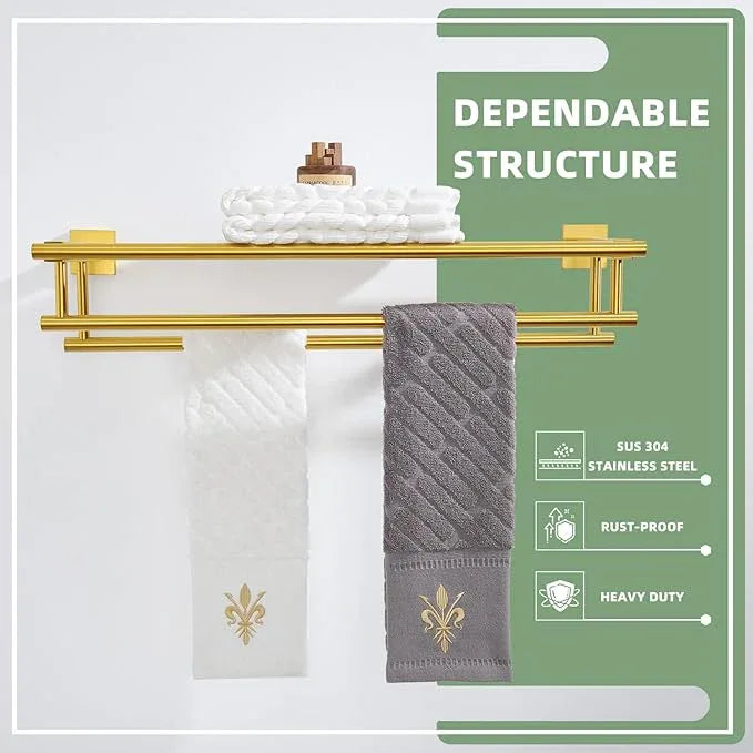 Bathroom Towel Shelf with Holder, Angle Simple SUS304 Stainless Steel Bath Towel Rack with Double Towel Bar, Wall Mount, Brushed Gold 23.62 Inches - ModernBath