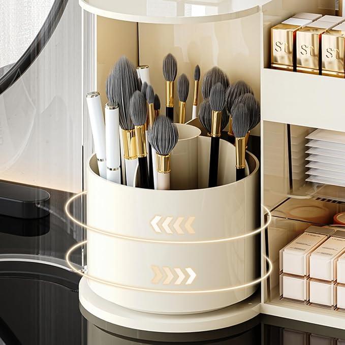 Makeup Organizer with Rotating Brush Holder Cosmetic Organizer with Drawers Countertop Skincare Organizer for Vanity,Cosmetic Display Case Storage (White, Large) - ModernBath