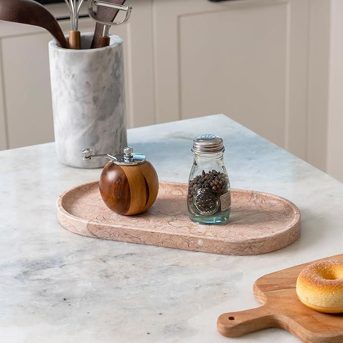 Koville Pink Marble Tray for Bathroom Countertop, Vanity Tray Stone Trays for Decor, Natural Marble Decorative Tray for Dresser Organizer, Storage Trays for Perfume, Jewelry, Cosmetics(Coquille Pink) - ModernBath