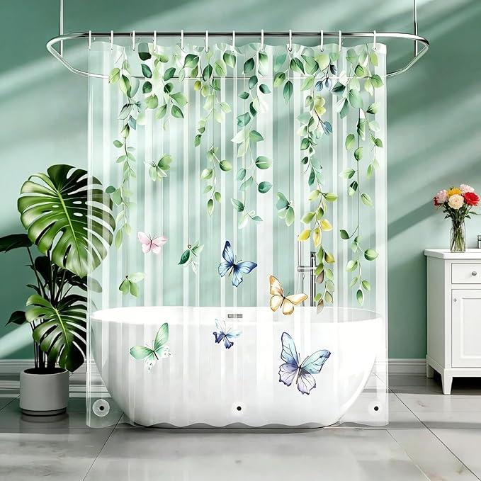 CAPQL Clear Eucalyptus Leaves Butterfly Shower Curtain Liner, Plastic Transparent Green Plant Shower Curtains for Bathroom, 72x72 Weighted Magnetic Shower Curtain Set with 12 Hooks - ModernBath