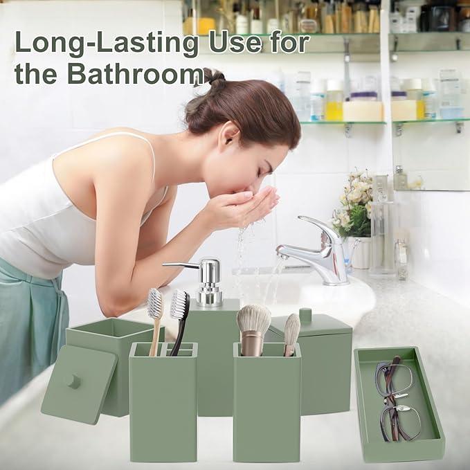 Sage Green Bathroom Accessories Set Resin 6PCS, Square Toothbrush Holders Set Complete with Soap Dispenser, Vanity Tray, Tumbler, Cups and Cotton Swab Jars for Counter, Sink or Small Spaces - ModernBath