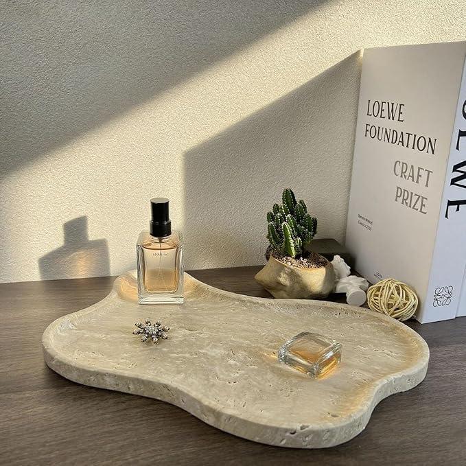 Cloud Shape 100% Natural Travertine Tray Luxury Travertine Vanity Organizer for Bathroom Kitchen Counter, Decorative Tray for Dresser Home Décor, 13.3x8.3x0.7 inches - ModernBath