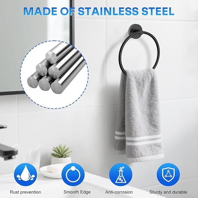 Hand Towel Holder Screw-in Matte Black Towel Ring for Bathroom Wall Stainless Steel Round Towel Hanger for Bathroom Hardware Accessories - ModernBath