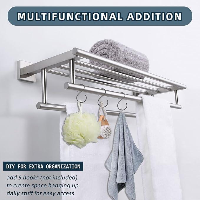 Towel Rack for Bathroom Brushed Nickel, Angle Simple SUS304 Stainless Steel Bath Towel Holder with Shelf for Wall 23.62 Inches - ModernBath