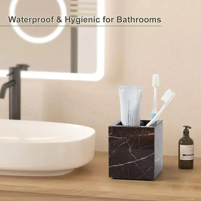 Real Natural Travertine Marble Toothbrush Holder & Pen Holder & Makeup Brush Holder & Utensil Holder, Genuine Stone Rectangular Bathroom Tumbler Cup, Durable Office & Home Countertop Organizer - ModernBath