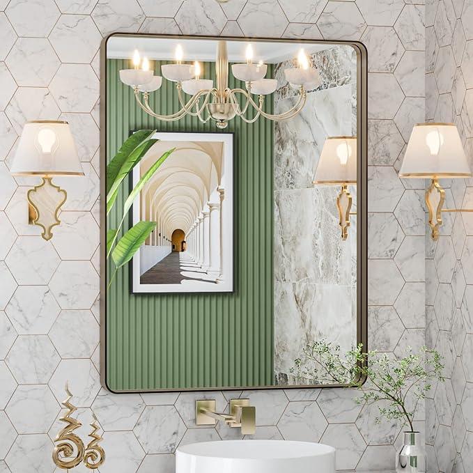 LOAAO 28”X36” Bronze Bathroom Mirrors for Vanity, Rounded Rectangle Brushed Bronze Metal Frame Mirror, Anti-Rust, Hangs Horizontally or Vertically - ModernBath