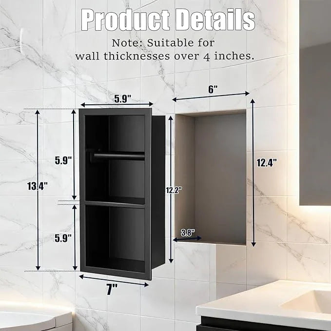 Recessed Toilet Paper Holder, Matte Black Toilet Paper Roll Holder Built-in Bathroom Tissue Roll Holder with Storage, Stainless Steel，Rust-Proof and Space-Saving - ModernBath