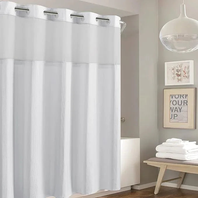 It's A Snap! Waffle Stripe Shower Curtain, 2-in-1 with Fabric and Sheer Top Window, Flex-On Rings, Liner Compatible, 71' x 74', Bright White - ModernBath