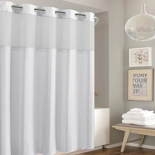 It's A Snap! Waffle Stripe Shower Curtain, 2-in-1 with Fabric and Sheer Top Window, Flex-On Rings, Liner Compatible, 71' x 74', Bright White - ModernBath
