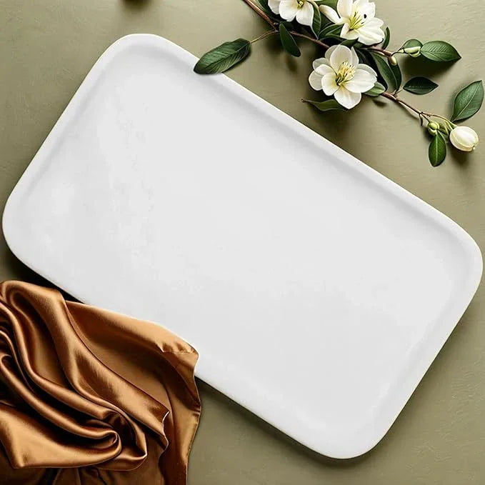 Yew & Tulip 14" x 8.5" Natural Marble Tray for Kitchen, Bathroom, Living Room – Serving/Decorative Vanity Tray for Jewelry, Candles, Decor (Matte White) - ModernBath