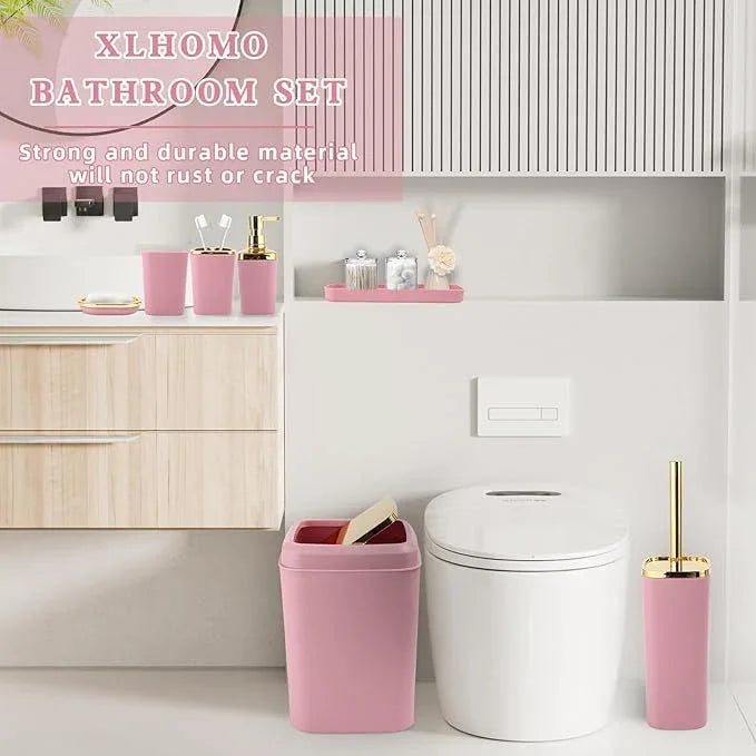 XLHOMO Pink and Gold Bathroom Accessories Set, Bathroom Sets with Shower Curtain, Pink Bathroom Accessories with Trash Can, Soap Dispenser, Soap Dish, Toilet Brush Holder, Qtip Holders for Bathroom - ModernBath