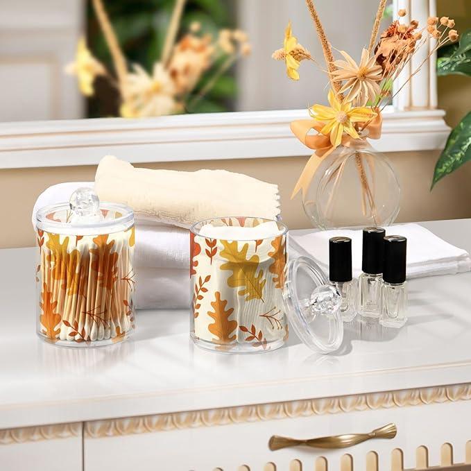 Tatenale Qtip Holder Bathroom Set Q tip Cotton Ball Swab Pad Dispenser Container Organizer Plastic Jars with Lids Storage 2Pack Yellow Thanksgiving Autumn Leaves - ModernBath