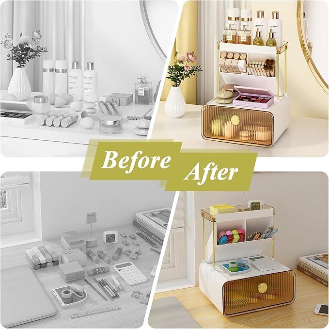 FOLLOWIN 3 Tiers Makeup Organizer with Drawer,Cosmetic Display with Lipsticks Brush Holder,Cosmetics and Beauty Supplies Organizers for Vanity,Dresser,Bathroom Desktop Countertop Organizer,Amber - ModernBath