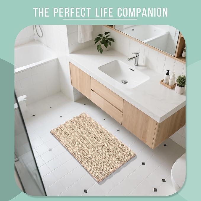 Yimobra Bathroom Rug Mat 32 x 20, Non Slip and Super Absorbent Bath Mat,Machine Washable Quick Dry,Ultra Plush Chenille Shower Rugs for Bathroom Floor Sink Tub and Shower Outside, Beige - ModernBath