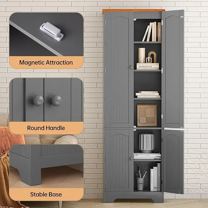 4 Door Pantry -72.2'' Kitchen Cabinet with Adjustable Shelves, Freestanding Cupboard, Tall Storage Cabinets for Dining Room, Living Room, Laundry, Bathroom, Entryway, Grey - ModernBath