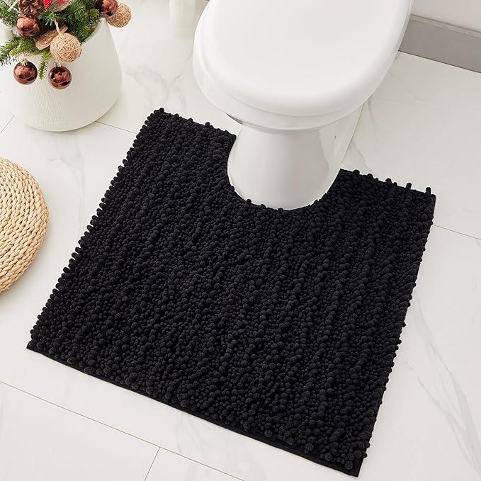 Ruggnovea Toilet Rugs U-Shaped Mat 24x24, Contour Bathroom Mat - Ultra Soft & Absorbent Chenille, Quick-Dry, Machine Washable with Non Slip Barrier Backing, Black - ModernBath