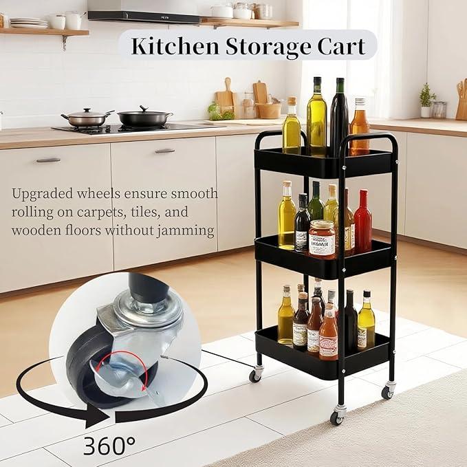 3 Tier Rolling Storage Cart for Kitchen Storage & Laundry Room Organization, Large Capacity Metal Utility Cart on Wheels and 4 Hooks for Art Lash Craft Bedside, Sturdy Nursery Organizer, Black - ModernBath
