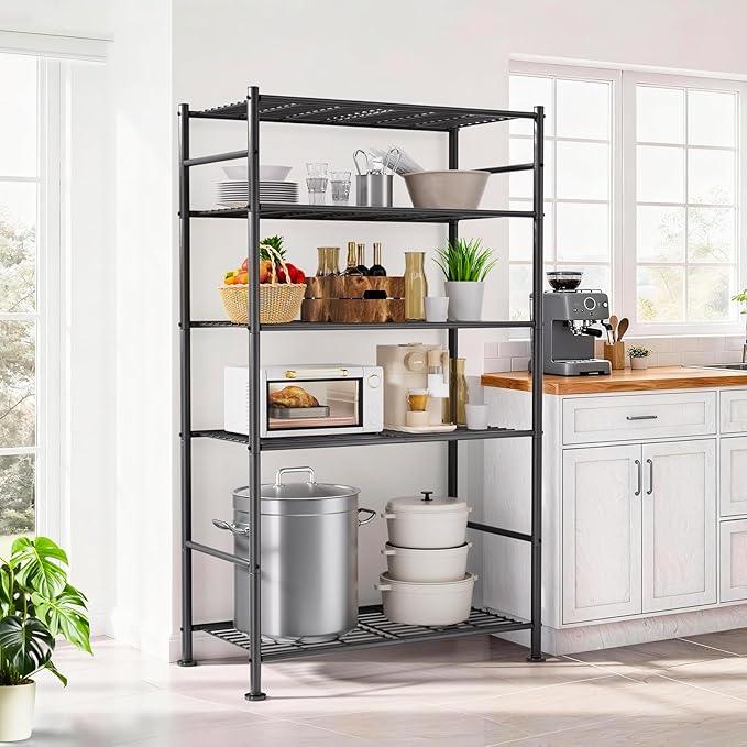 5 Tier Shelf Organizer Rack, Metal Shelving Unit with Adjustable Leveling Feet, Space-Saving Storage Shelves for Garage Closet Laundry Bathroom Kitchen Pantry, 33.07”Wx12.6”Dx72.04”H,Black - ModernBath