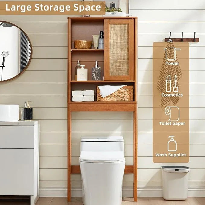 LEYAOYAO Over The Toilet Storage Cabinet with Rattan Sliding Door, 68" Tall Wood Above Toilet Bathroom Organizer w/Adjustable Shelf & Curved Profile, Space Saver Freestanding Washer Shelf - ModernBath