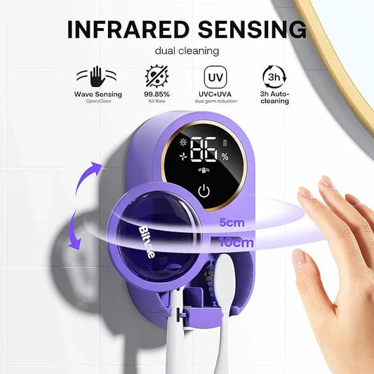 Bitvae Upgraded Tooth Brush Holder for Bathroom 2.0, Infrared Sensing Toothbrush Cleaner, Wall-Mounted for Most Size Toothbrushes, Air Drying, LED Smart Screen, Purple - ModernBath