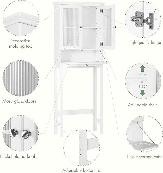 Spirich Over The Toilet Storage Cabinet with Muro Glass Doors, Over Toilet Bathroom Organizer with Tilt-Out Cube and Adjustable Shelf, White - ModernBath