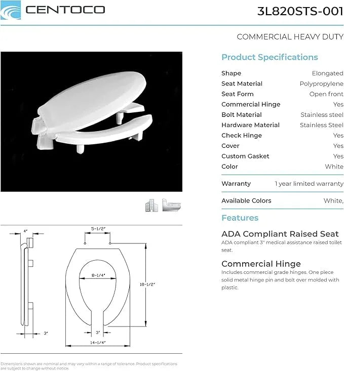Centoco 3 inch Raised Toilet Seat for Seniors, Elongated, Open Front with Cover, Plastic, Made in the USA, 3L820STS-001, White - ModernBath