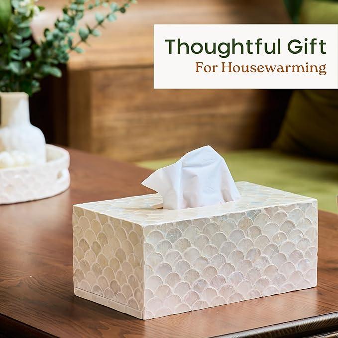 CHI AN HOME Rectangular Capiz Tissue Box Cover, Decorative Mother of Pearl Inlay Tissue Box Holder for Bedroom, Bathroom, Kitchen, and Office, Rectangle Tissue Box Cover White (10.25” x 5.9” x 4.33”) - ModernBath