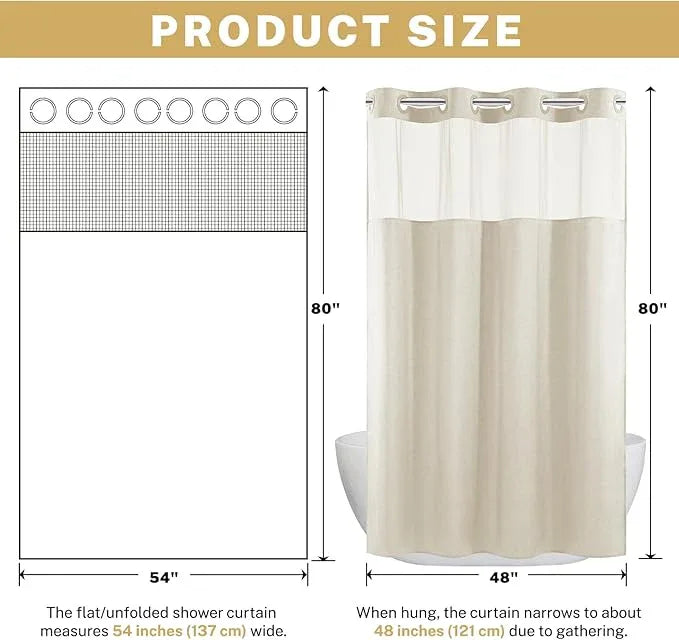 WONICY Small No Hooks Luxury Shower Curtain Set with Snap-in Liner, Polyester Textured with See-Through Top Window, Waterproof & Washable Hotel Style for Bathroom, 54W x 80H, Cream - ModernBath