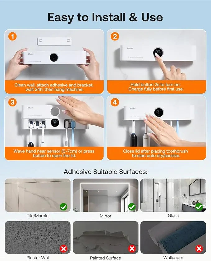 Bitvae Toothbrush Holder, Cleaning and Fast Drying, 5 Toothbrush Slots or Shaver Slot Accessories for Family, LED Smart Screen, Wall Mounted Holders for Bathrooms - ModernBath