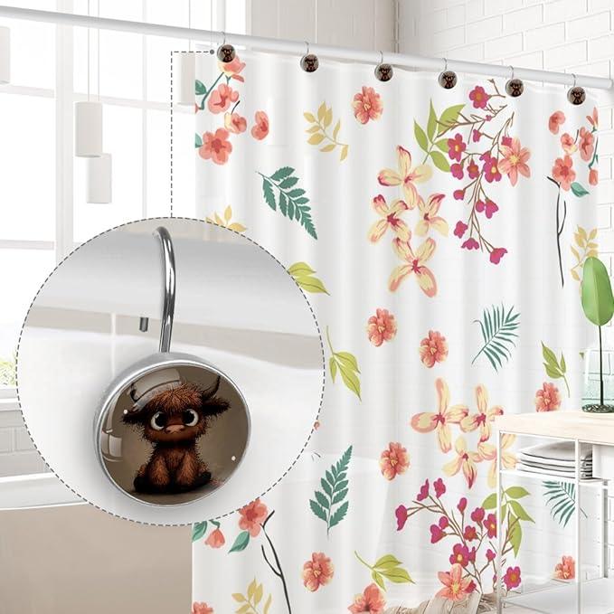 Brown Highland Cow Shower Curtain Hooks Rings, Stainless Steel Rust Proof Shower Curtain Hooks, Decorative Shower Hooks for Bathroom Shower Rods Curtains, Set of 12 - ModernBath