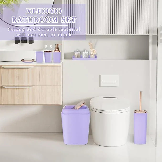 XLHOMO 9-Piece Bathroom Accessories Set, Purple Bathroom Accessories Sets Complete with Trash Can,Tray,Soap Dispenser,Toothbrush Holder,Toothbrush Cup,Soap Dish,Toilet Brush and Q-tip Holders - ModernBath