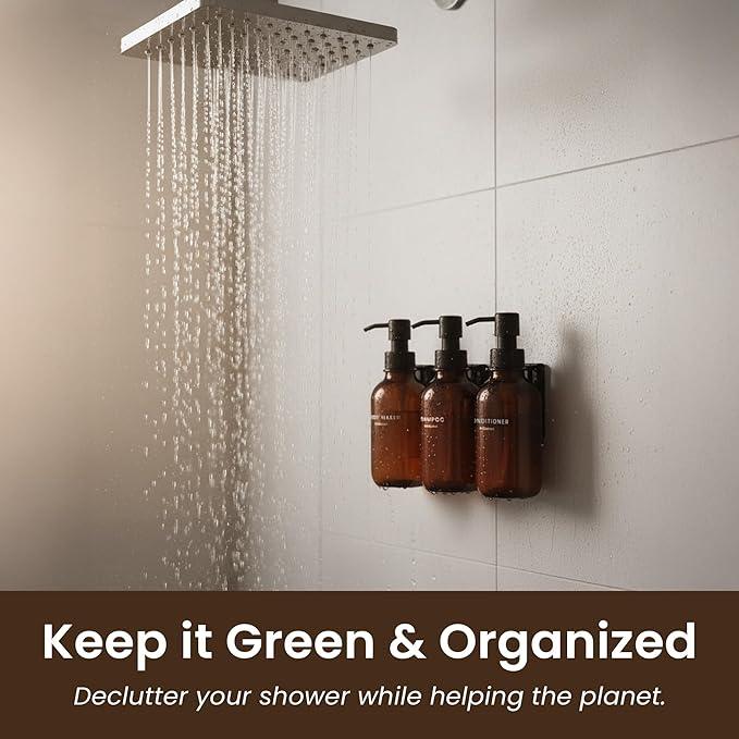 MaisoNovo Shampoo and Conditioner Dispenser - Shower Soap Dispenser Wall Mounted - 16.9 fl oz Set of 3 Amber Plastic Bottles Black Pump - 3 Chamber No Drill - ModernBath