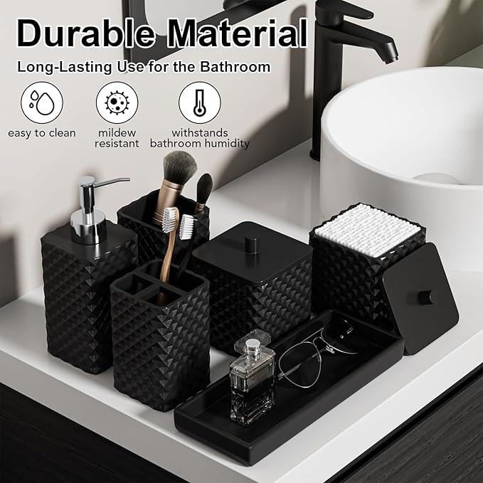 Bathroom Accessories Set Resin 6PCS, Square Toothbrush Holders Set Complete with Soap Dispenser, Vanity Tray, Tumbler, Cups and Cotton Swab Jars (Black Diamond, Resin Bath 6 PCS) - ModernBath