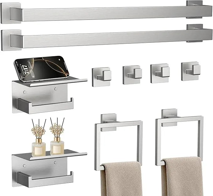 JIXB 10-Piece 23.6 Inch Brushed Nickel Bathroom Accessories Set, Bathroom Hardware Set, SUS304 Stainless Steel Bath Towel Bar Set, Toilet Paper Holder with Shelf, Towel Hooks & Ring Wall Mounted - ModernBath
