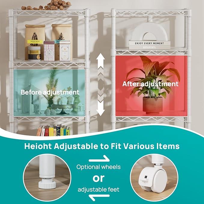 SINGAYE 4 Small Shelves Storage Shelf Wire Shelving Unit Metal Shelf Adjustable Organizers Storage Shelving with Wheels for Bathroom Laundry Room Kitchen Pantry11.5”D x 17.3”W x 44.5”H White - ModernBath