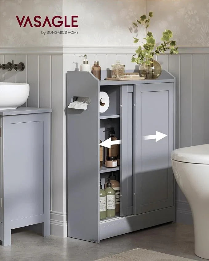 VASAGLE Narrow Storage Cabinet, Slim Floor Cabinet with Sliding Doors, Toilet Paper Holder and Brush Compartment, for Bathroom and Living Room, 7.9 x 23.6 x 31.5 Inches, Dove Gray UBBC752G02 - ModernBath