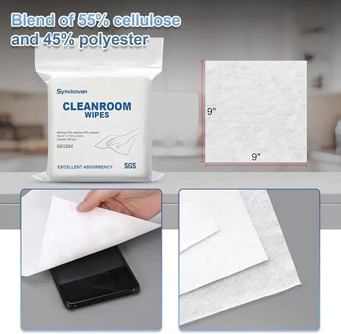 Synvicovan Cleanroom Wipes 9"x9" (300 Pcs, Cellulose/Polyester Blend, Grade A, 68GSM) Lint Free Wipes for Laboratory, Electronics, Pharmaceutical,Printing,Automotives and Semiconductor Industries - ModernBath