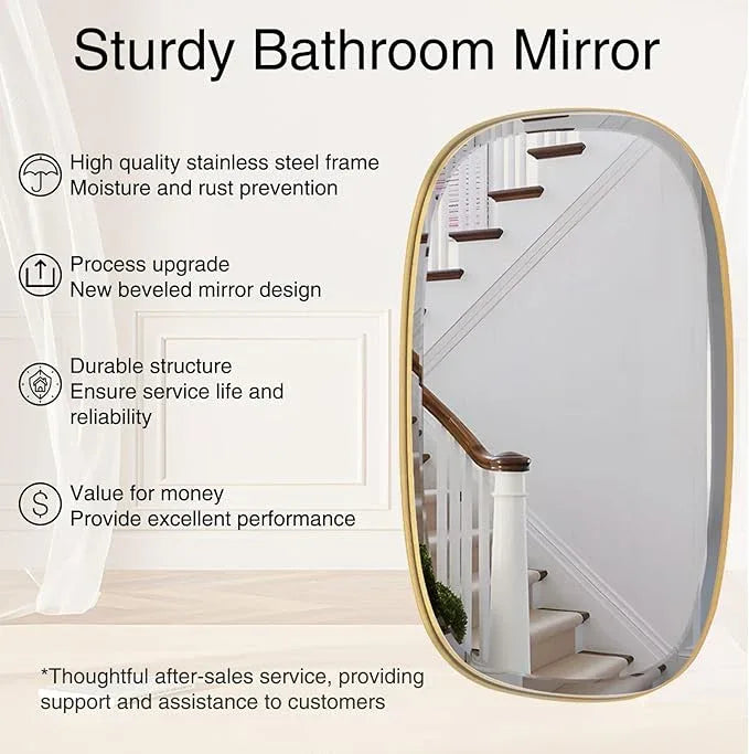 POZINO Brushed Gold Beveled Mirror, 24"x40" Modern Rounded Rectangle Mirrors, Brass Oval Mirrors, Oblong Vanity Wall Mirror in Premium Stainless Steel Frame, Hangs Horizontal Or Vertical - ModernBath
