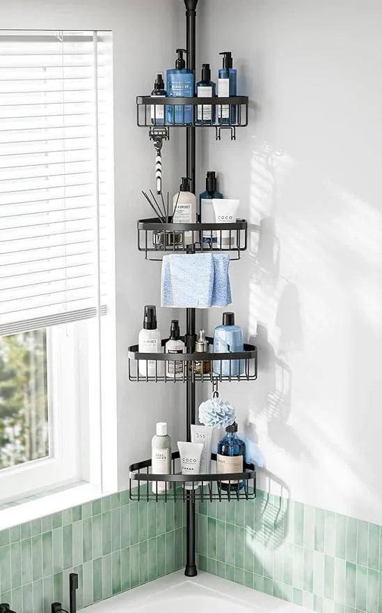 Corner Shower Caddy Tension Pole: Adjustable Rustproof 4-Tier Inside Bathroom Organizer - 47-121 inch Quick Installation Bathtub Shelves for Shampoo Storage - Rod Floor Standing Bath Rack - Black - ModernBath