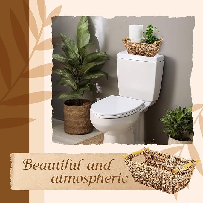 Marsui 12 Pcs Small Hand Woven Wicker Baskets with Wooden Handles, Seagrass Rattan Storage Baskets Bin Organizer Shelf Pantry for Bathroom Storage Towel Kitchen Washroom Gifts Decor, 9" x 6" x 4" - ModernBath