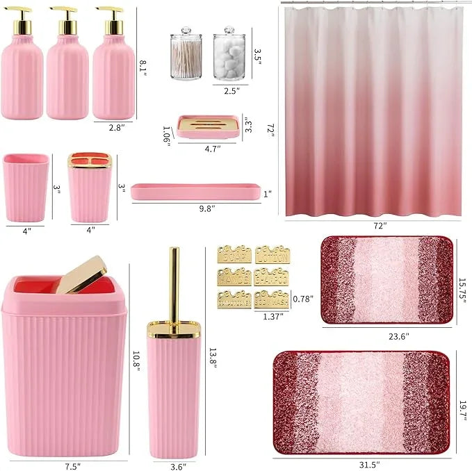 WSBArt 32PCS Bathroom Set Bathroom Sets with Shower Curtain and Rugs Pink Bathroom Accessories,Shower Curtain Set,Bathroom Rug Set with Bathroom Trash Can - ModernBath