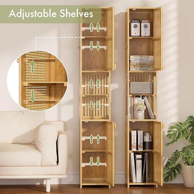 Amazer 70'' Tall Bathroom Storage Cabinet Bamboo, Narrow Storage Cabinet with Rattan Doors and Adjustable Shelves, Slim Freestanding Organizer for Living Room, Kitchen, Natural Color - ModernBath