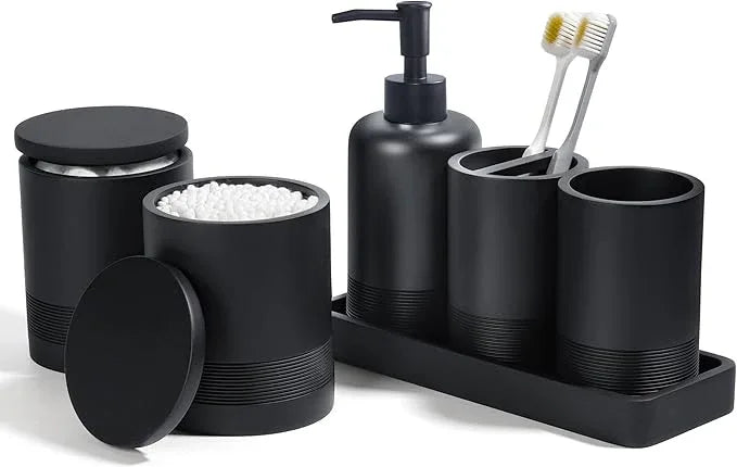 Bathroom Accessories Set, 6-Piece Bathroom Accessory Set, Toothbrush Holders Set, Soap Dispenser, Vanity Tray, Tumbler, Cotton Swab Jars, Bathroom Organizer for Modern Bathrooms(Matte Black) - ModernBath