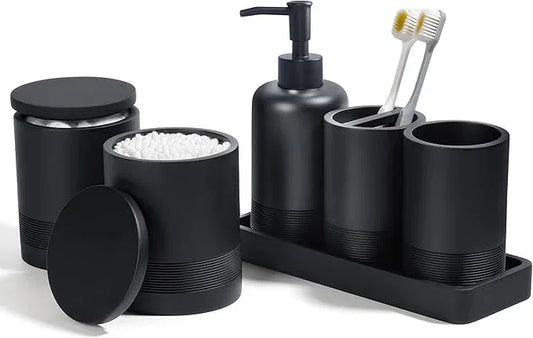 Bathroom Accessories Set, 6-Piece Bathroom Accessory Set, Toothbrush Holders Set, Soap Dispenser, Vanity Tray, Tumbler, Cotton Swab Jars, Bathroom Organizer for Modern Bathrooms(Matte Black) - ModernBath