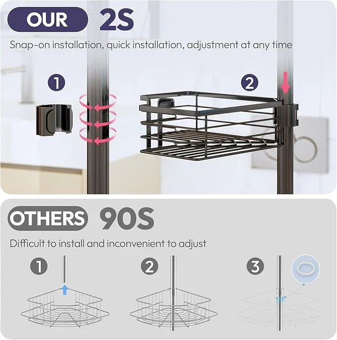 SWTYMIKI Shower Caddy Tension Pole - 4-Tier Corner Shower Organizer Tension Rod with Soap Holder, Toothbrush Holder & 4 Hooks, Adjustable Stainless Steel Bathroom Organizer 27.6 to 108.3 inch, Black - ModernBath