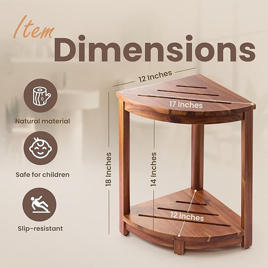 HOLANA 18" Wood Corner Shower Bench & Corner Shower Stool with Storage Shelf - Footrest for Shaving Legs - Bath Step for Small Spaces - Perfect for Indoor or Outdoor (Acacia)