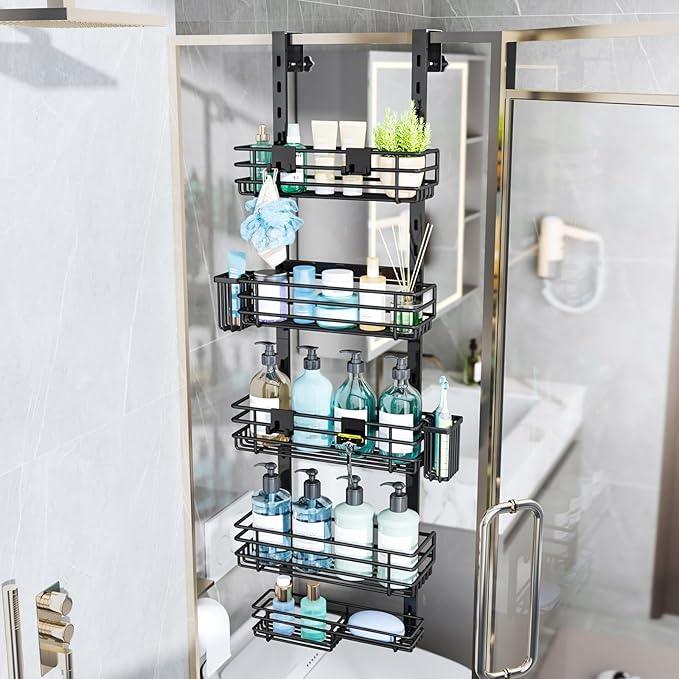 Consumest Over The Door Shower Caddy - 5 Tier Adjustable Shower Organizer Hanging with 2 Toothbrush Holders & 4 Hooks, Rustproof Organizer Shelf, Storage Rack for Bathroom, Black - ModernBath